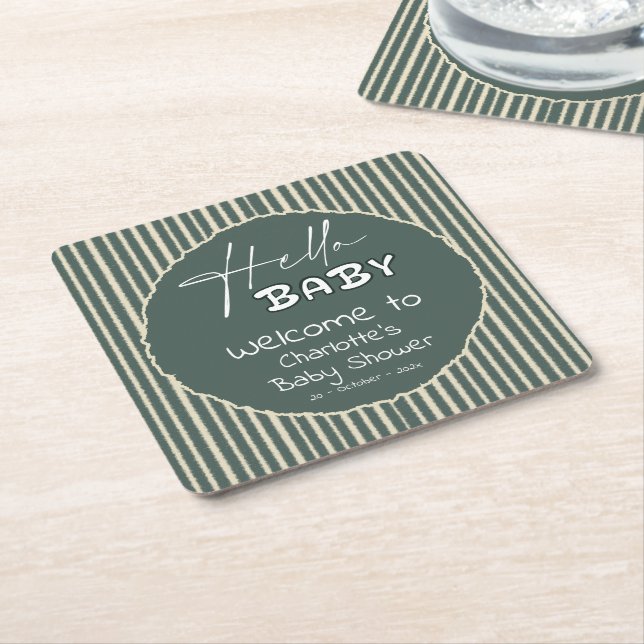 Porta-copo De Papel Quadrado Hello Baby Dark Green Stripes Baby Shower (Inclinado)