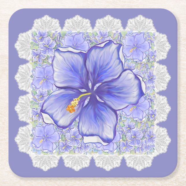 Porta-copo De Papel Quadrado Hibiscus & lace BLUE (Frente)