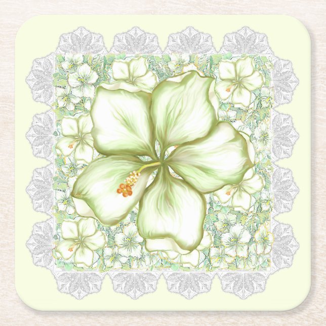 Porta-copo De Papel Quadrado Hibiscus & lace WHITE (Frente)