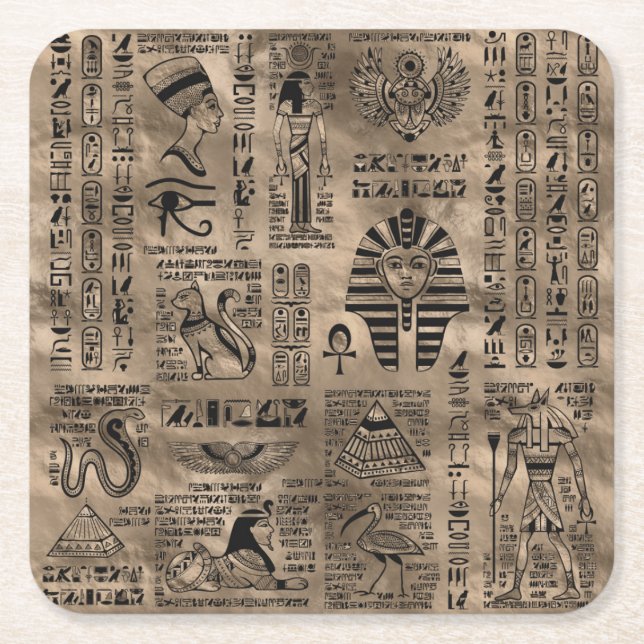 Porta-copo De Papel Quadrado Hieroglyphs e deidades egípcios - ouro luxuoso (Frente)
