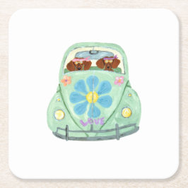 Porta-copo De Papel Quadrado Hippies Dachshund em seu carro de amor florido