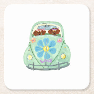 Porta-copo De Papel Quadrado Hippies Dachshund em seu carro de amor florido