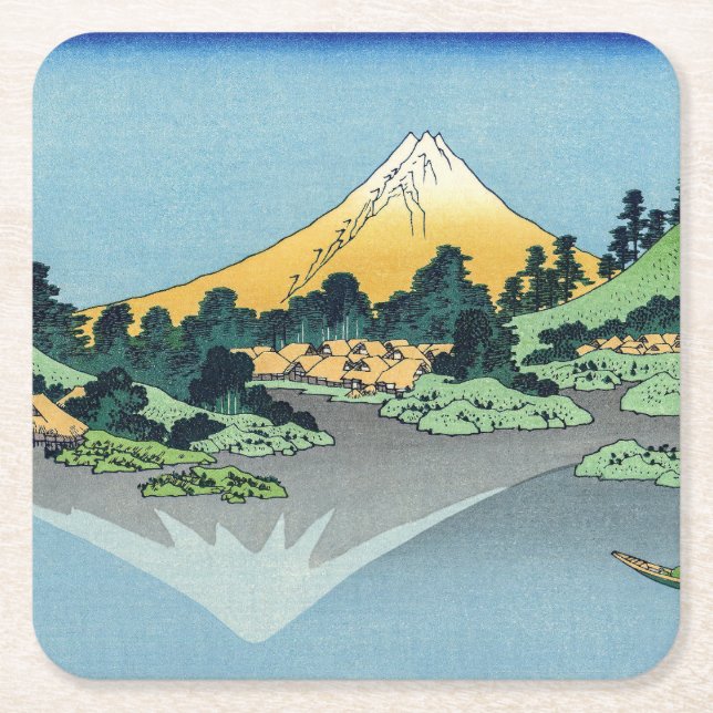 Porta-copo De Papel Quadrado Hokusai - O Monte Fuji Reflete no lago Kawaguchi (Frente)