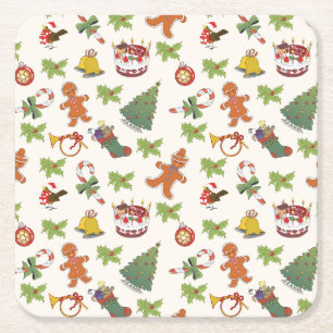 Porta-copo De Papel Quadrado Holly de Natal, bolo e pão-de-açúcar
