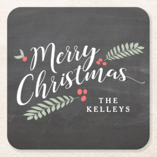 Porta-copo De Papel Quadrado Holly e Berries Feliz Natal Personalizado