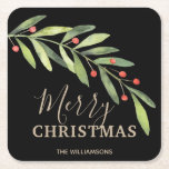 Porta-copo De Papel Quadrado Holly e Berries no Natal Negro<br><div class="desc">Sagrado elegante e bagas com Feliz Natal ou sua própria informação em caracteres quicos em qualquer cor (nós usamos ouro) e em qualquer fundo colorido (nós usamos preto.) Todas as cores de texto, fontes e fontes podem ser modificadas, basta clicar no link "personalizar mais" e usar nossa ferramenta de design...</div>