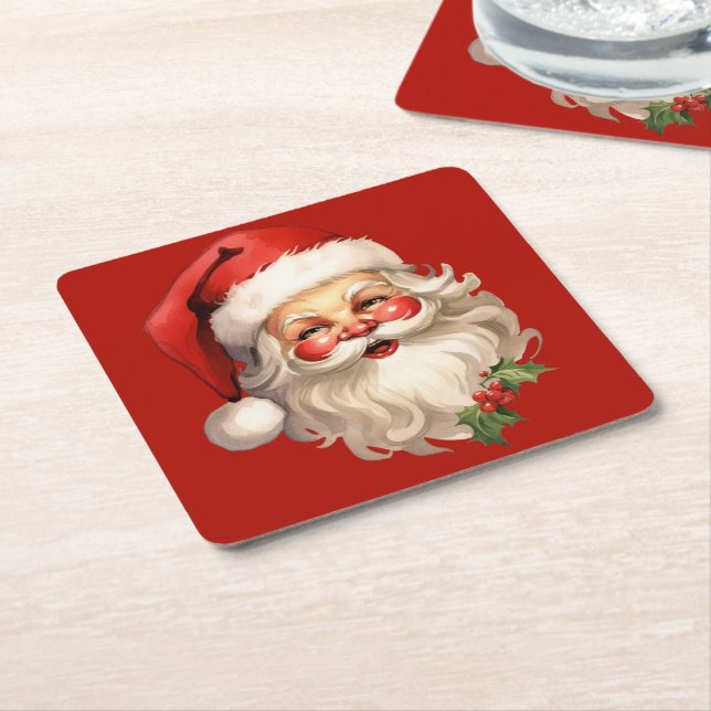 Porta-copo De Papel Quadrado Holly Jolly Santa Claus Retro Natal (Inclinado)