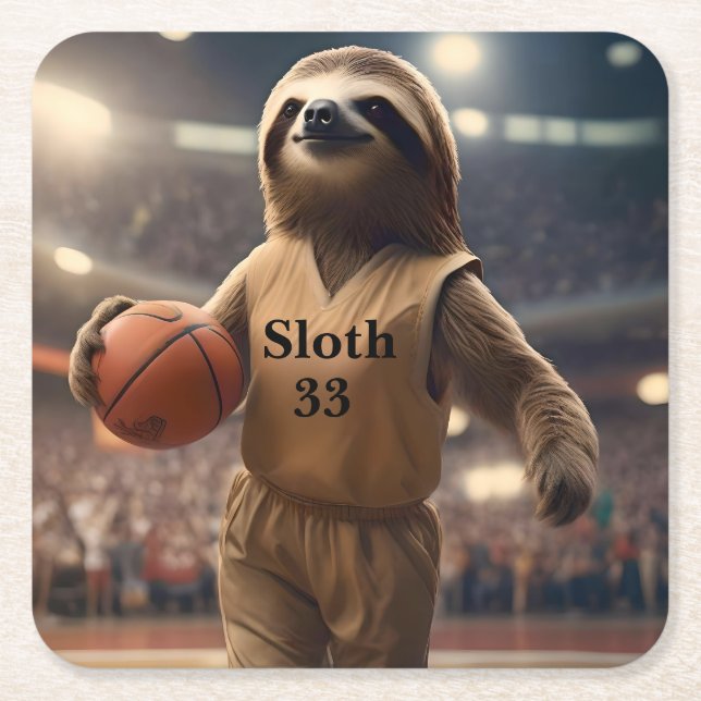 Porta-copo De Papel Quadrado Hoops and Hangs: The Slam Dunking Sloth, (Frente)