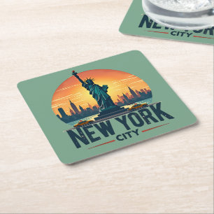 Porta-copo De Papel Quadrado Horizonte Retro da Cidade de Nova York com Estátua