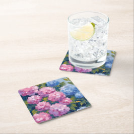 Porta-copo De Papel Quadrado Hortênsias de Verão | Flores Costeiras Rosa e Azul