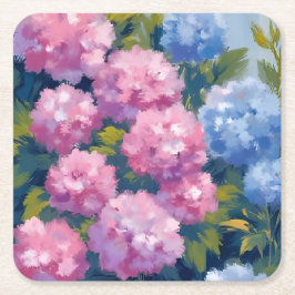 Porta-copo De Papel Quadrado Hortênsias de Verão | Flores Costeiras Rosa e Azul