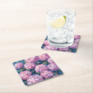 Porta-copo De Papel Quadrado Hortênsias Florais Rosa Bege