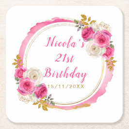 Porta-copo De Papel Quadrado Hot Pink and Gold Elegant Flowers Birthday Party