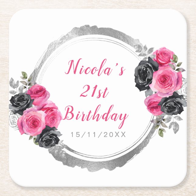Porta-copo De Papel Quadrado Hot Pink and Silver Elegant Flowers Birthday Party (Frente)