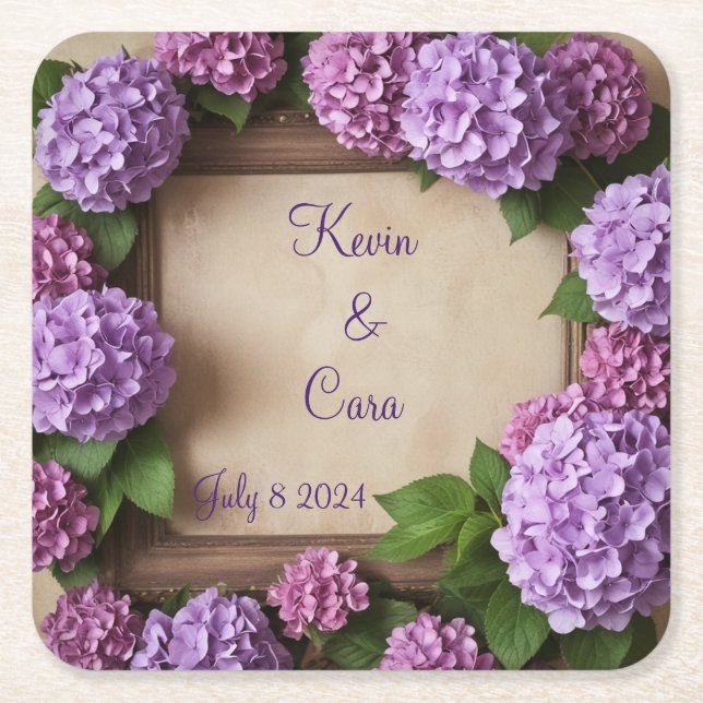 Porta-copo De Papel Quadrado Hydrangeas roxas e rosadas (Frente)