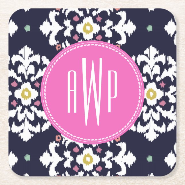 Porta-copo De Papel Quadrado Ikat + Monograma cor-de-rosa (Frente)