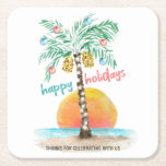 Porta-copo De Papel Quadrado Ilha Holiday Tropical Beach Palm Christmas<br><div class="desc">Tema tropical de praia portas copos de papel de Natal apresentam uma ilha aquosa ao sol com uma palmeira decorada com lamparinas e ornamentos,  e uma saudação de "feriados felizes". A linha inferior do texto pode ser personalizada (mostrada aqui com "obrigado para comemorar conosco"). Arte por KL Stock</div>