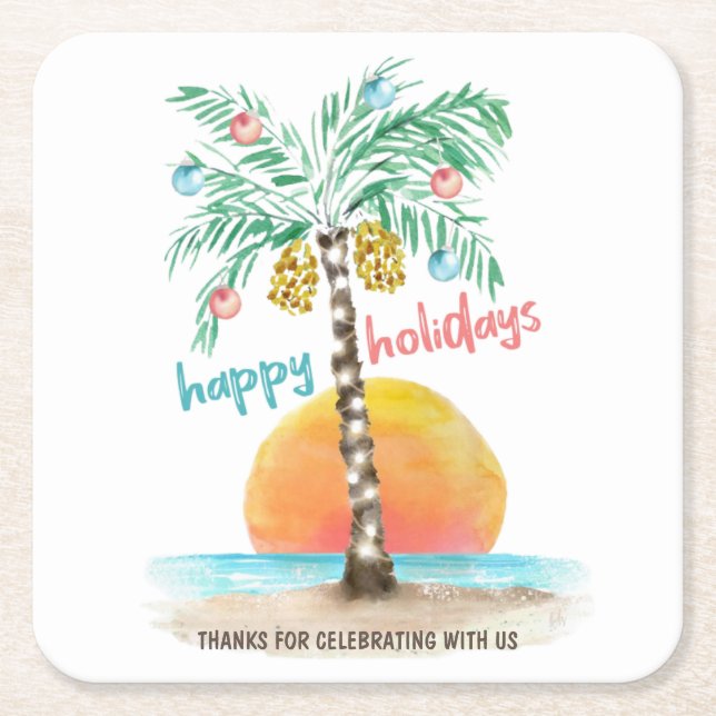 Porta-copo De Papel Quadrado Ilha Holiday Tropical Beach Palm Christmas (Frente)