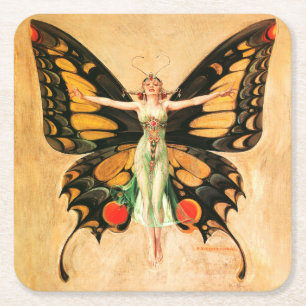 Porta-copo De Papel Quadrado Ilustração da Mulher Voando Borboleta Flapper