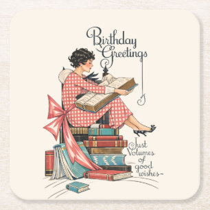 Porta-copo De Papel Quadrado Ilustração de Aniversário de Amante de Livros Anti