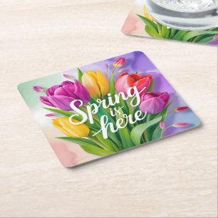Porta-copo De Papel Quadrado Ilustração de Buquê de Tulipas "A Primavera Chegou