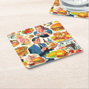Porta-copo De Papel Quadrado Ilustração de Comidas da Vintage 1950s