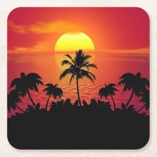 Porta-copo De Papel Quadrado Ilustração de palmeiras ao pôr do sol na natureza