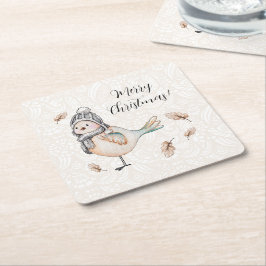 Porta-copo De Papel Quadrado Ilustração de Pardal Fofo de Inverno