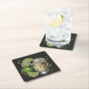 Porta-copo De Papel Quadrado Ilustração de Shot de Tequila com Borda de Sal e L