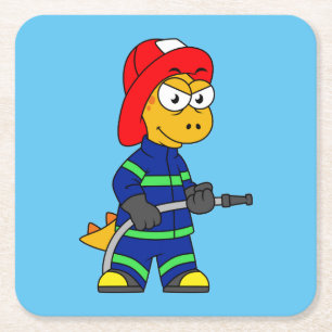 Porta-copo De Papel Quadrado Ilustração De Um Bombeiro Tyrannosaurus Rex.