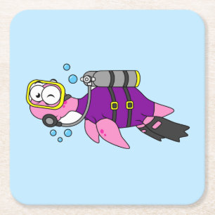 Porta-copo De Papel Quadrado Ilustração De Um Mergulhador Scuba Monstro De Loch