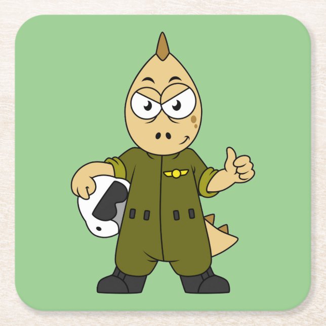 Porta-copo De Papel Quadrado Ilustração De Um Piloto De Jato De Allosaurus. (Frente)