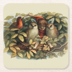 Porta-copo De Papel Quadrado Ilustração Rich Natural de Corujas e Elf Fairies
