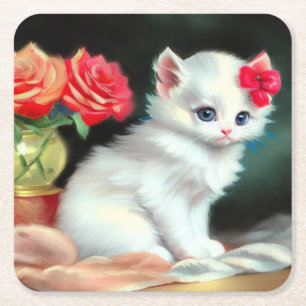 Porta-copo De Papel Quadrado Ilustração Vintage White Kitten com Flores Vermelh