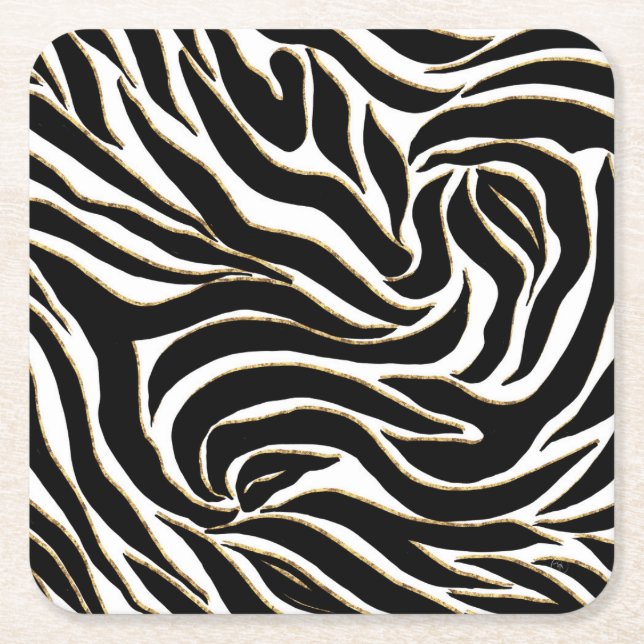 Porta-copo De Papel Quadrado Impressão branca Elegante de Zebra Dourada Negra (Frente)