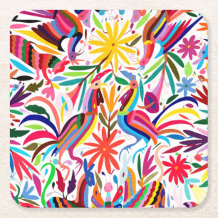Porta-copo De Papel Quadrado Impressão de Otomi Colorido, Padrão Floral/Anima