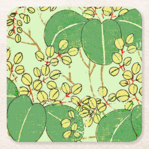 Porta-copo De Papel Quadrado Impressão em xilogravura de folha verde botânica j