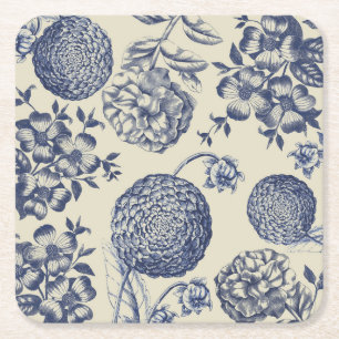 Porta-copo De Papel Quadrado Impressão Flor Azul Antiquado Floral