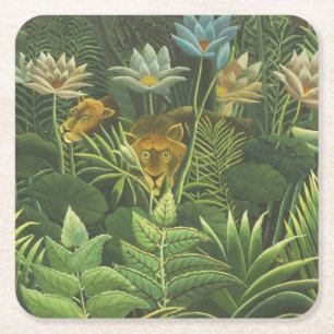 Porta-copo De Papel Quadrado Impressão Vintage de Leão na Selva Tropical de Hen