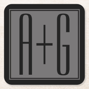 Porta-copo De Papel Quadrado Iniciais de Casais Clássicos   Cinza e preto