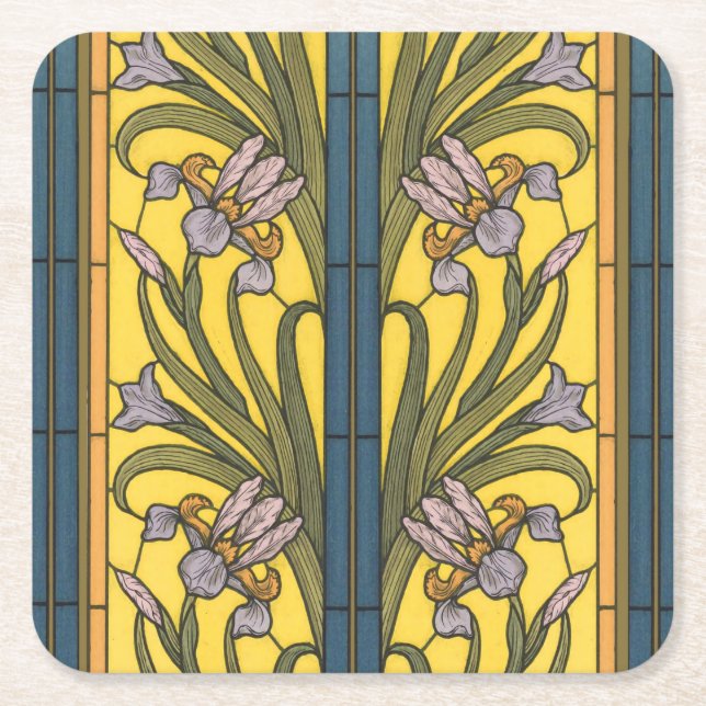 Porta-copo De Papel Quadrado Iris Flower Art Nouveau Vidro Estampado Azul Doura (Frente)