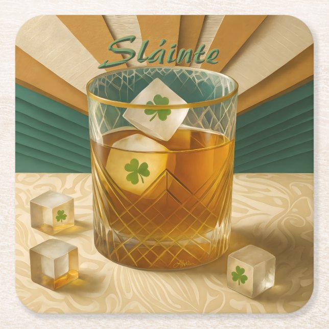 Porta-copo De Papel Quadrado Irish Whiskey Tumbler Shamrock Ice "Sláinte!" (Frente)