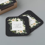 Porta-copo De Papel Quadrado Ivory Bloom | Casamento de quadro floral personali<br><div class="desc">A nossa coleção de casamentos florais de coloração d'água de Ivory Bloom apresenta um quadro de cor d'água delicadamente pintado,  folhagem de eucalipto,  folhagem botânica verde e flores de pénia branca e marfim. Personalize essas portas copos personalizadas com seus nomes,  unidas por um sotaque de script decorativo.</div>