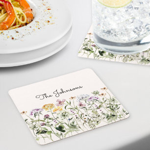 Porta-copo De Papel Quadrado Jardim de Flores Silvestres com Nome Personalizado