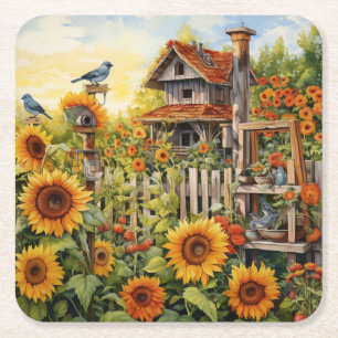 Porta-copo De Papel Quadrado Jardim de Girassóis 9 Casas de Pássaros Azuis