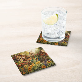 Porta-copo De Papel Quadrado Jardim de Girassol 13 Casas de Aves Azuis