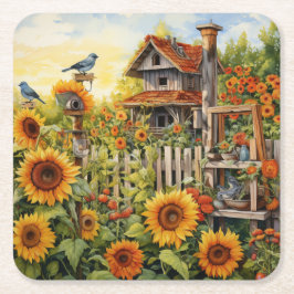 Porta-copo De Papel Quadrado Jardim de Girassol 9 Casas de Aves Azuis