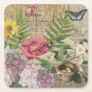 Porta-copo De Papel Quadrado Jardim Floral Ninho de Pássaro Arte Flor Borboleta