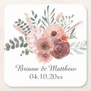 Porta-copo De Papel Quadrado Jarra de Mason para Casamento Floral com Rosa Água