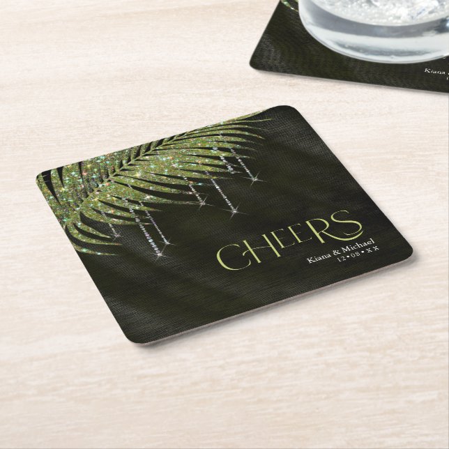 Porta-copo De Papel Quadrado Jewel Palm Leaf Wedding Cheers Green ID830 (Inclinado)